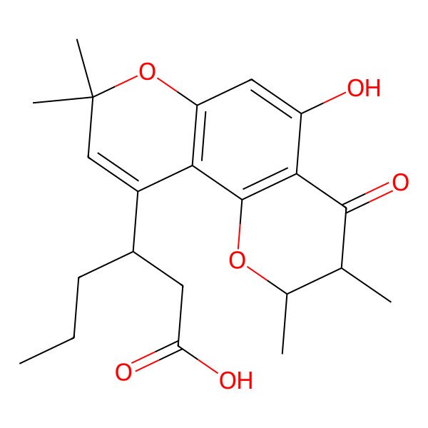 2D Structure of (3S)-3-[(2S,3R)-5-hydroxy-2,3,8,8-tetramethyl-4-oxo-2,3-dihydropyrano[2,3-h]chromen-10-yl]hexanoic acid