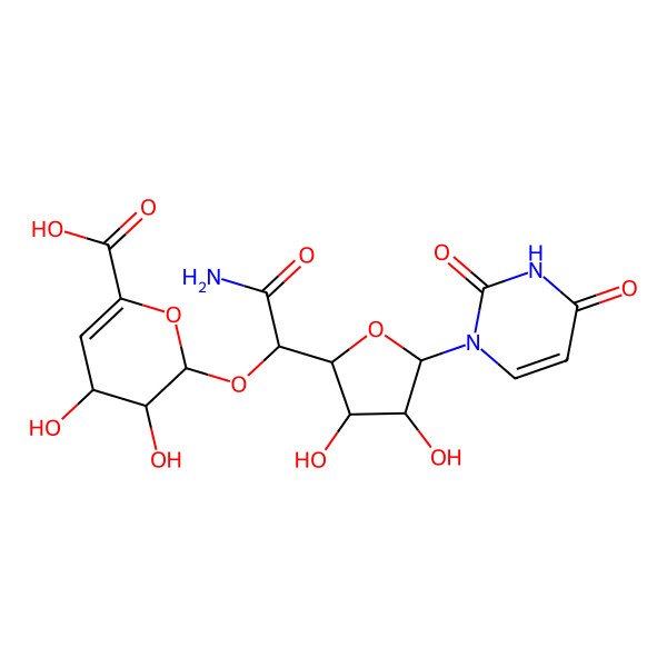 2D Structure of (2S,3S,4S)-2-[(1R)-2-amino-1-[(2S,3S,4R,5R)-5-(2,4-dioxopyrimidin-1-yl)-3,4-dihydroxy-tetrahydrofuran-2-yl]-2-oxo-ethoxy]-3,4-dihydroxy-3,4-dihydro-2H-pyran-6-carboxylic acid