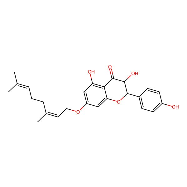 2D Structure of (2R,3R)-7-[(2E)-3,7-dimethylocta-2,6-dienoxy]-3,5-dihydroxy-2-(4-hydroxyphenyl)-2,3-dihydrochromen-4-one
