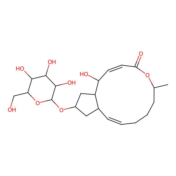 2D Structure of 2-Hydroxy-7-methyl-15-[3,4,5-trihydroxy-6-(hydroxymethyl)oxan-2-yl]oxy-6-oxabicyclo[11.3.0]hexadeca-3,11-dien-5-one
