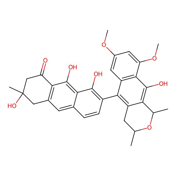 2D Structure of (3R)-3,8,9-trihydroxy-7-[(1R,3S)-10-hydroxy-7,9-dimethoxy-1,3-dimethyl-3,4-dihydro-1H-benzo[g]isochromen-5-yl]-3-methyl-2,4-dihydroanthracen-1-one
