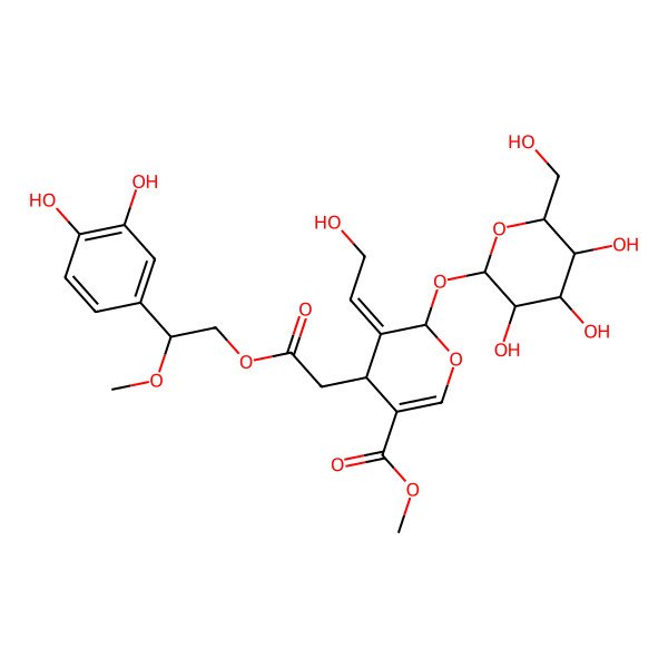 2D Structure of methyl (4S,5E,6S)-4-[2-[(2R)-2-(3,4-dihydroxyphenyl)-2-methoxyethoxy]-2-oxoethyl]-5-(2-hydroxyethylidene)-6-[(2S,3R,4S,5S,6R)-3,4,5-trihydroxy-6-(hydroxymethyl)oxan-2-yl]oxy-4H-pyran-3-carboxylate