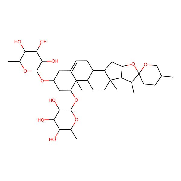2D Structure of 2-methyl-6-[(1S,2S,4S,6R,8R,9S,12R,13R)-5',7,9,13-tetramethyl-14-(3,4,5-trihydroxy-6-methyloxan-2-yl)oxyspiro[5-oxapentacyclo[10.8.0.02,9.04,8.013,18]icos-18-ene-6,2'-oxane]-16-yl]oxyoxane-3,4,5-triol