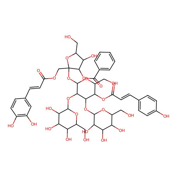 2D Structure of [(2S,3S,4R,5R)-2-[[(E)-3-(3,4-dihydroxyphenyl)prop-2-enoyl]oxymethyl]-4-hydroxy-5-(hydroxymethyl)-2-[(2R,4S,5R,6R)-6-(hydroxymethyl)-5-[(E)-3-(4-hydroxyphenyl)prop-2-enoyl]oxy-3,4-bis[[(2S,3R,4S,5R,6R)-3,4,5-trihydroxy-6-(hydroxymethyl)oxan-2-yl]oxy]oxan-2-yl]oxyoxolan-3-yl] benzoate