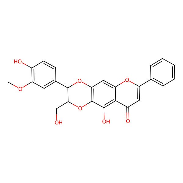 2D Structure of 10-Hydroxy-3-(4-hydroxy-3-methoxyphenyl)-2-(hydroxymethyl)-7-phenyl-2,3-dihydropyrano[2,3-g][1,4]benzodioxin-9-one