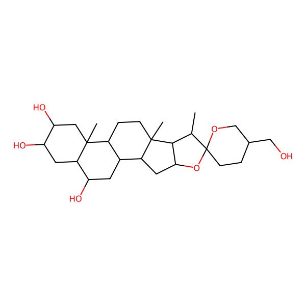 2D Structure of 5'-(Hydroxymethyl)-7,9,13-trimethylspiro[5-oxapentacyclo[10.8.0.02,9.04,8.013,18]icosane-6,2'-oxane]-15,16,19-triol