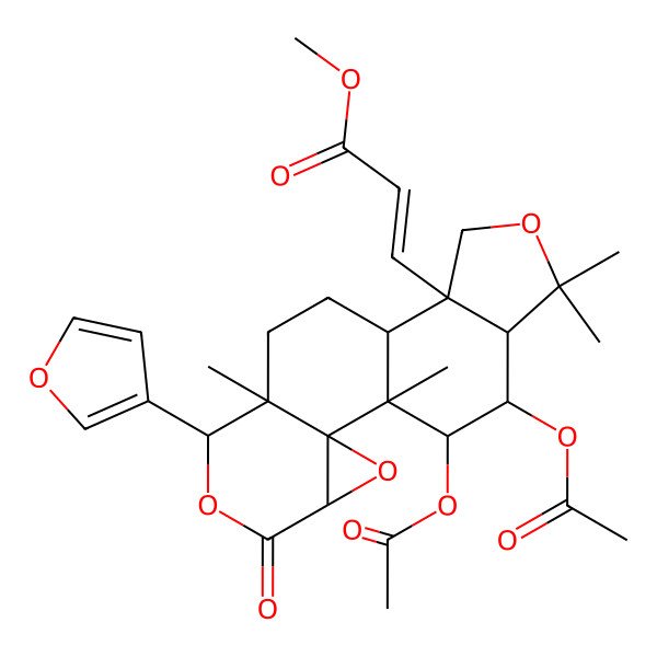 2D Structure of Methyl 3-[17,18-diacetyloxy-7-(furan-3-yl)-1,8,15,15-tetramethyl-5-oxo-3,6,14-trioxapentacyclo[9.7.0.02,4.02,8.012,16]octadecan-12-yl]prop-2-enoate
