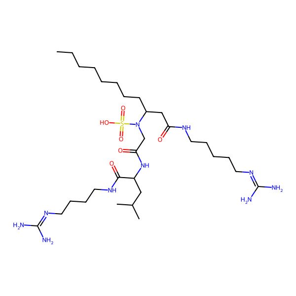 2D Structure of [2-[[(2S)-1-[4-(diaminomethylideneamino)butylamino]-4-methyl-1-oxopentan-2-yl]amino]-2-oxoethyl]-[1-[5-(diaminomethylideneamino)pentylamino]-1-oxoundecan-3-yl]sulfamic acid
