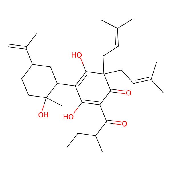 2D Structure of 3,5-dihydroxy-4-[(1R,2R,5S)-2-hydroxy-2-methyl-5-prop-1-en-2-ylcyclohexyl]-2-(2-methylbutanoyl)-6,6-bis(3-methylbut-2-enyl)cyclohexa-2,4-dien-1-one