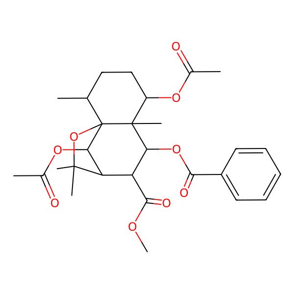2D Structure of methyl (1S,2R,5R,6S,7S,8S,9R,12R)-5,12-diacetyloxy-7-benzoyloxy-2,6,10,10-tetramethyl-11-oxatricyclo[7.2.1.01,6]dodecane-8-carboxylate