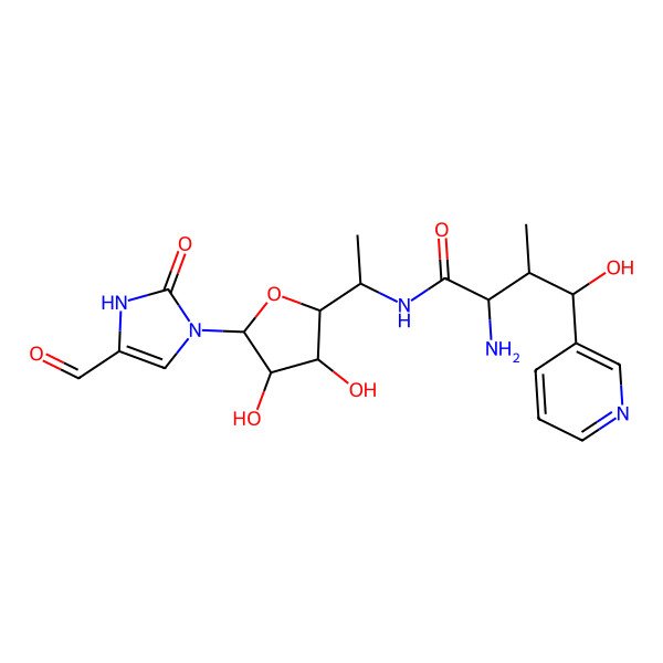 2D Structure of 2-amino-N-[1-[5-(5-formyl-2-oxo-1H-imidazol-3-yl)-3,4-dihydroxyoxolan-2-yl]ethyl]-4-hydroxy-3-methyl-4-pyridin-3-ylbutanamide