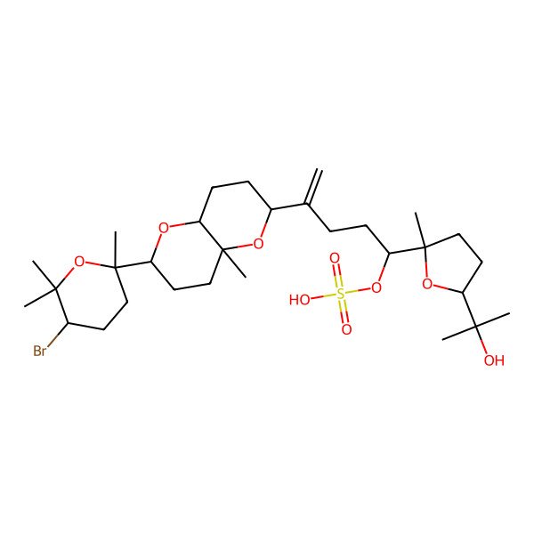 2D Structure of [(1S)-4-[(2R,4aS,6R,8aR)-2-[(2S,5R)-5-bromo-2,6,6-trimethyloxan-2-yl]-4a-methyl-3,4,6,7,8,8a-hexahydro-2H-pyrano[3,2-b]pyran-6-yl]-1-[(2R,5R)-5-(2-hydroxypropan-2-yl)-2-methyloxolan-2-yl]pent-4-enyl] hydrogen sulfate