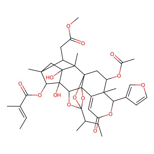 2D Structure of [(1S,3S,4S,5S,10R,12S,14R,15S,16R,18R,19S,20R,22S)-3-acetyloxy-12-[(2S)-butan-2-yl]-5-(furan-3-yl)-15,16-dihydroxy-19-(2-methoxy-2-oxoethyl)-4,18,20-trimethyl-7-oxo-6,11,13,21-tetraoxaheptacyclo[10.8.1.115,18.01,10.04,9.010,14.016,20]docos-8-en-22-yl] (E)-2-methylbut-2-enoate