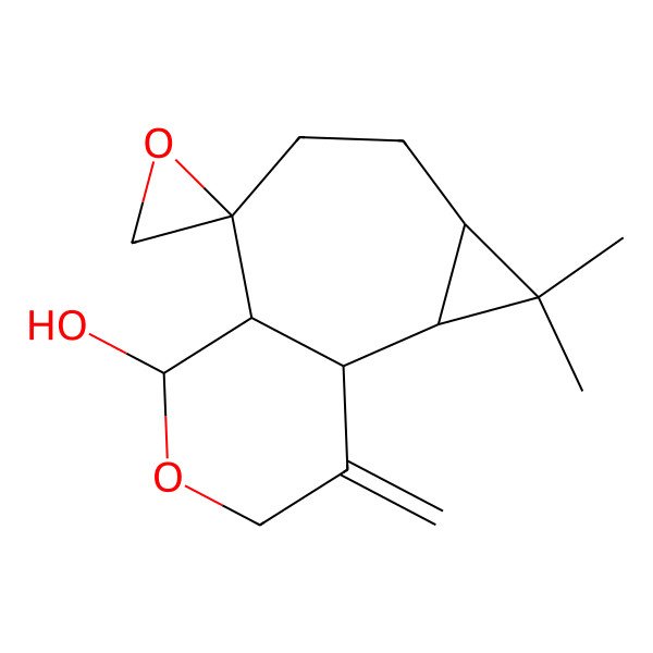 2D Structure of (1R,2S,4S,7S,8R,9S)-3,3-dimethyl-12-methylidenespiro[10-oxatricyclo[6.4.0.02,4]dodecane-7,2'-oxirane]-9-ol