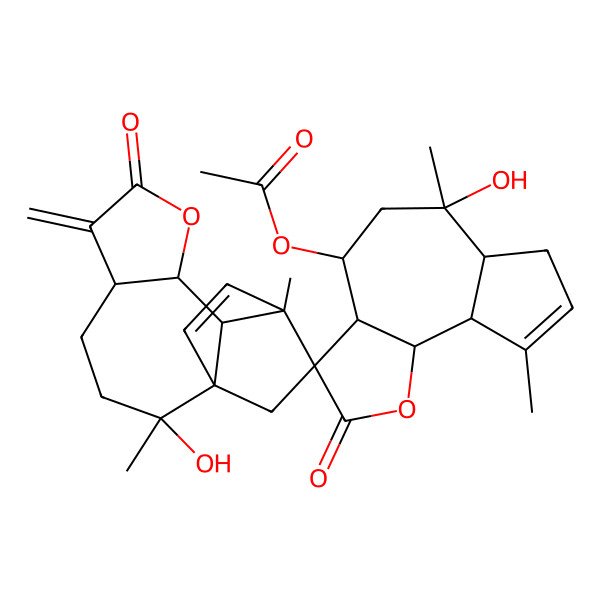 2D Structure of [(1'R,2'R,3R,3aS,4R,5'R,6R,6aR,9'R,9aS,9bS,10'R,11'R)-2',6-dihydroxy-2',6,9,11'-tetramethyl-6'-methylidene-2,7'-dioxospiro[4,5,6a,7,9a,9b-hexahydro-3aH-azuleno[4,5-b]furan-3,15'-8-oxatetracyclo[9.2.2.01,10.05,9]pentadec-12-ene]-4-yl] acetate