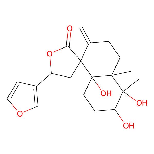 2D Structure of (3R,4R,4aS,5'R,8R,8aR)-5'-(furan-3-yl)-3,4,8a-trihydroxy-4,4a-dimethyl-7-methylidenespiro[2,3,5,6-tetrahydro-1H-naphthalene-8,3'-oxolane]-2'-one