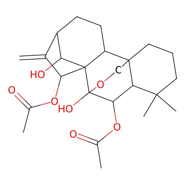 2D Structure of (7-Acetyloxy-9,18-dihydroxy-12,12-dimethyl-6-methylidene-17-oxapentacyclo[7.6.2.15,8.01,11.02,8]octadecan-10-yl) acetate