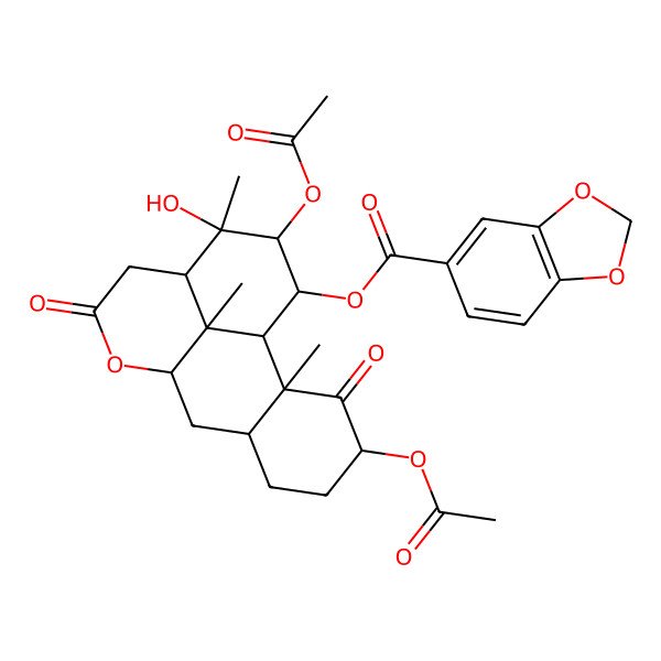 2D Structure of [(1S,2S,4S,7R,9R,13R,14S,15R,16S,17R)-4,15-diacetyloxy-14-hydroxy-2,14,17-trimethyl-3,11-dioxo-10-oxatetracyclo[7.7.1.02,7.013,17]heptadecan-16-yl] 1,3-benzodioxole-5-carboxylate