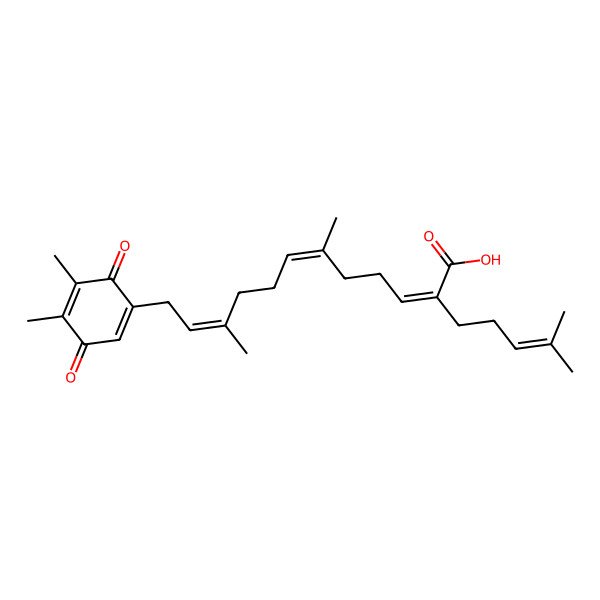 2D Structure of (2Z,6E,10E)-12-(4,5-dimethyl-3,6-dioxocyclohexa-1,4-dien-1-yl)-6,10-dimethyl-2-(4-methylpent-3-enyl)dodeca-2,6,10-trienoic acid