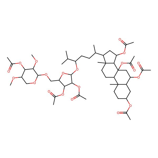 2D Structure of [(3S,5S,6S,8S,9R,10S,13R,14S,15R,17R)-6,8,15-triacetyloxy-17-[(2R,5S)-5-[(2R,3R,4S,5S)-3,4-diacetyloxy-5-[[(2S,3R,4S,5R)-4-acetyloxy-3,5-dimethoxyoxan-2-yl]oxymethyl]oxolan-2-yl]oxy-6-methylheptan-2-yl]-10,13-dimethyl-1,2,3,4,5,6,7,9,11,12,14,15,16,17-tetradecahydrocyclopenta[a]phenanthren-3-yl] acetate