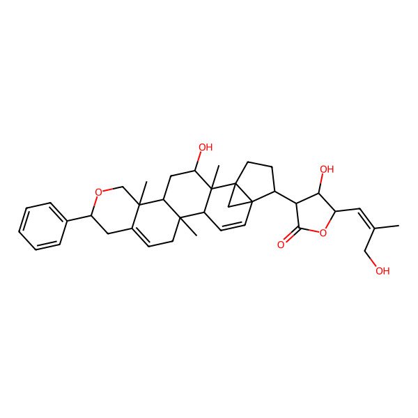 2D Structure of (3S,4R,5S)-4-hydroxy-5-[(E)-3-hydroxy-2-methylprop-1-enyl]-3-[(1S,2R,3R,5R,6R,9S,14S,15R,18S,19S)-3-hydroxy-2,6,14-trimethyl-9-phenyl-8-oxahexacyclo[16.3.1.01,18.02,15.05,14.06,11]docosa-11,16-dien-19-yl]oxolan-2-one