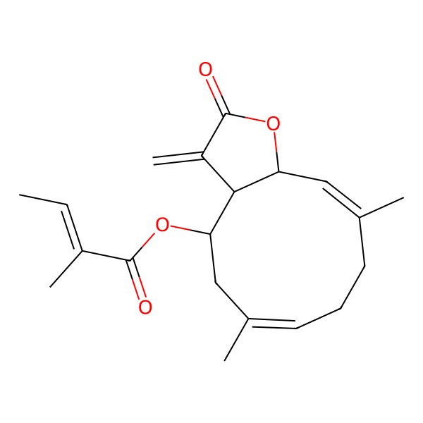 2D Structure of [(3aR,4R,6E,10E,11aR)-6,10-dimethyl-3-methylidene-2-oxo-3a,4,5,8,9,11a-hexahydrocyclodeca[b]furan-4-yl] (Z)-2-methylbut-2-enoate