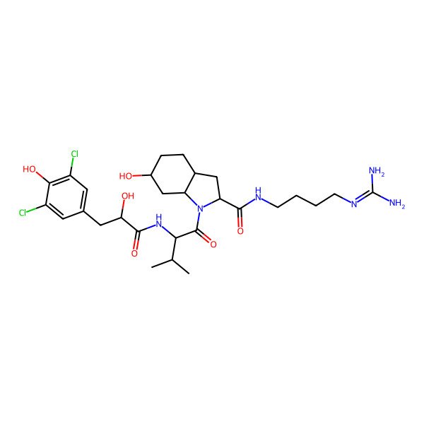 2D Structure of N-[4-(diaminomethylideneamino)butyl]-1-[2-[[3-(3,5-dichloro-4-hydroxyphenyl)-2-hydroxypropanoyl]amino]-3-methylbutanoyl]-6-hydroxy-2,3,3a,4,5,6,7,7a-octahydroindole-2-carboxamide