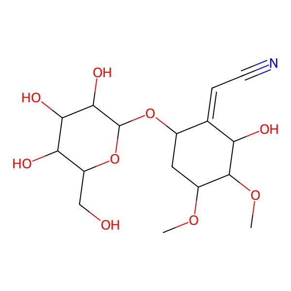 2D Structure of Acetonitrile, ((2S,3R,4S,6R)-6-(beta-D-glucopyranosyloxy)-2-hydroxy-3,4-dimethoxycyclohexylidene)-, (2Z)-