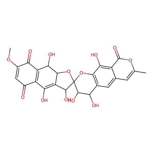 2D Structure of (2R,3R,3'R,4S,9'R,9'aS)-3,3',4,4',9',10-hexahydroxy-7'-methoxy-7-methylspiro[3,4-dihydropyrano[4,3-g]chromene-2,2'-9,9a-dihydro-3H-benzo[f][1]benzofuran]-5',8',9-trione