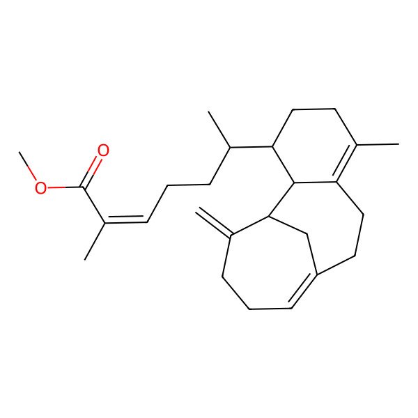 2D Structure of methyl (E,6S)-2-methyl-6-[(1S,2R,3S)-6-methyl-14-methylidene-3-tricyclo[8.4.1.02,7]pentadeca-6,10-dienyl]hept-2-enoate