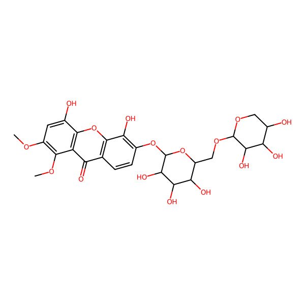 2D Structure of 4,5-Dihydroxy-1,2-dimethoxy-6-[3,4,5-trihydroxy-6-[(3,4,5-trihydroxyoxan-2-yl)oxymethyl]oxan-2-yl]oxyxanthen-9-one