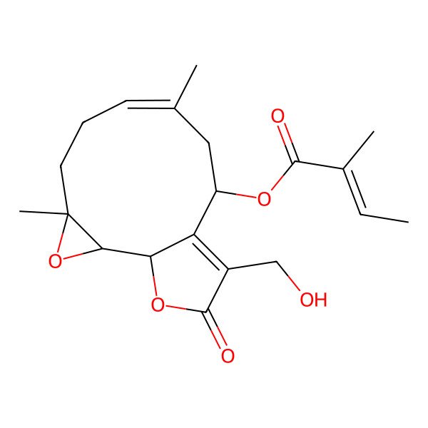 2D Structure of [12-(Hydroxymethyl)-4,8-dimethyl-13-oxo-3,14-dioxatricyclo[9.3.0.02,4]tetradeca-7,11-dien-10-yl] 2-methylbut-2-enoate