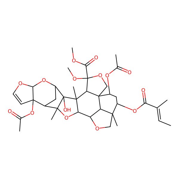 2D Structure of Methyl 14,25-diacetyloxy-7-hydroxy-4-methoxy-6,16,22-trimethyl-23-(2-methylbut-2-enoyloxy)-3,9,11,17,20-pentaoxaoctacyclo[17.6.1.18,15.01,5.06,18.07,16.010,14.022,26]heptacos-12-ene-4-carboxylate