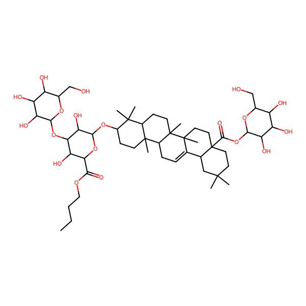 2D Structure of butyl (2S,3S,4S,5R,6R)-6-[[(3S,4aR,6aR,6bS,8aS,12aS,14aR,14bR)-4,4,6a,6b,11,11,14b-heptamethyl-8a-[(3R,4S,5S,6R)-3,4,5-trihydroxy-6-(hydroxymethyl)oxan-2-yl]oxycarbonyl-1,2,3,4a,5,6,7,8,9,10,12,12a,14,14a-tetradecahydropicen-3-yl]oxy]-3,5-dihydroxy-4-[(2R,3S,4R,5S,6S)-3,4,5-trihydroxy-6-(hydroxymethyl)oxan-2-yl]oxyoxane-2-carboxylate