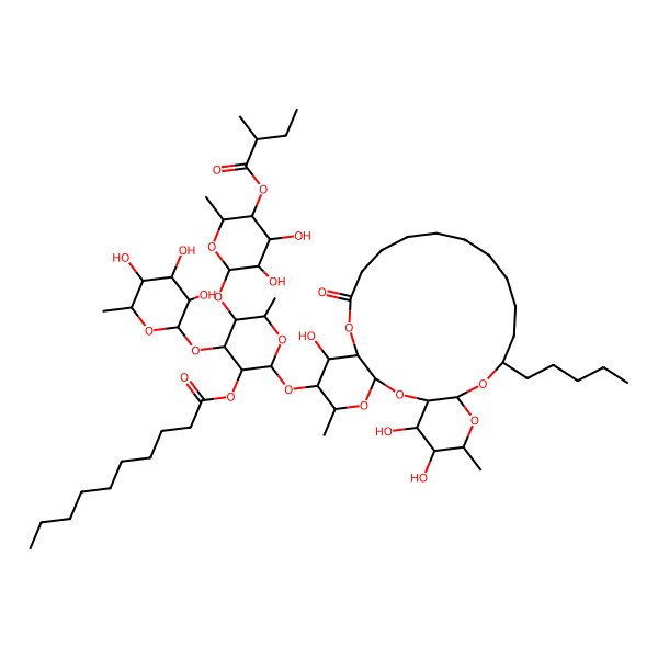 2D Structure of [(2S,3R,4R,5S,6S)-5-[(2S,3R,4S,5R,6S)-3,4-dihydroxy-6-methyl-5-[(2S)-2-methylbutanoyl]oxyoxan-2-yl]oxy-6-methyl-2-[[(1R,3S,5S,6R,7R,8R,20S,22R,24R,25R,26S)-7,25,26-trihydroxy-5,24-dimethyl-10-oxo-20-pentyl-2,4,9,21,23-pentaoxatricyclo[20.4.0.03,8]hexacosan-6-yl]oxy]-4-[(2S,3R,4R,5R,6S)-3,4,5-trihydroxy-6-methyloxan-2-yl]oxyoxan-3-yl] decanoate