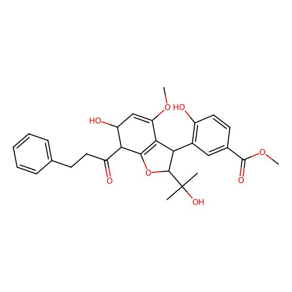 2D Structure of Methyl 4-hydroxy-3-[6-hydroxy-2-(2-hydroxypropan-2-yl)-4-methoxy-7-(3-phenylpropanoyl)-2,3,6,7-tetrahydro-1-benzofuran-3-yl]benzoate