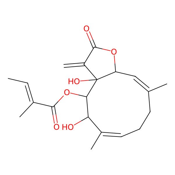 2D Structure of (3a,5-dihydroxy-6,10-dimethyl-3-methylidene-2-oxo-5,8,9,11a-tetrahydro-4H-cyclodeca[b]furan-4-yl) 2-methylbut-2-enoate