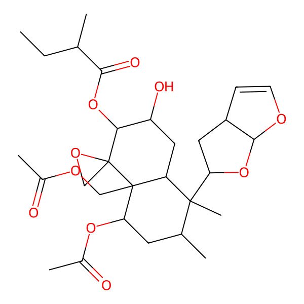 2D Structure of [5-(3a,4,5,6a-tetrahydrofuro[2,3-b]furan-5-yl)-8-acetyloxy-8a-(acetyloxymethyl)-3-hydroxy-5,6-dimethylspiro[3,4,4a,6,7,8-hexahydro-2H-naphthalene-1,2'-oxirane]-2-yl] 2-methylbutanoate