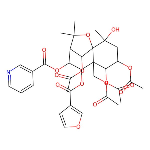2D Structure of [(1S,2S,4S,5R,6S,7S,8R,9R,12R)-4,5,12-triacetyloxy-6-(acetyloxymethyl)-7-(furan-3-carbonyloxy)-2-hydroxy-2,10,10-trimethyl-11-oxatricyclo[7.2.1.01,6]dodecan-8-yl] pyridine-3-carboxylate