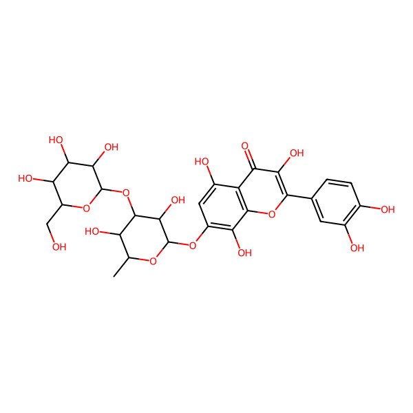 2D Structure of 7-[(2S,3R,4R,5S,6S)-3,5-dihydroxy-6-methyl-4-[(2S,3R,4S,5S,6R)-3,4,5-trihydroxy-6-(hydroxymethyl)oxan-2-yl]oxyoxan-2-yl]oxy-2-(3,4-dihydroxyphenyl)-3,5,8-trihydroxychromen-4-one