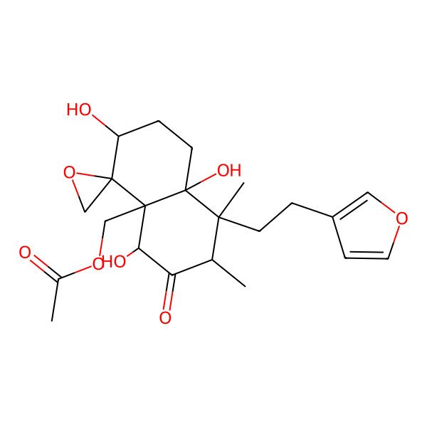 2D Structure of [(3S,4R,4aR,5R,7S,8S,8aS)-8-[2-(furan-3-yl)ethyl]-3,5,8a-trihydroxy-7,8-dimethyl-6-oxospiro[2,3,5,7-tetrahydro-1H-naphthalene-4,2'-oxirane]-4a-yl]methyl acetate