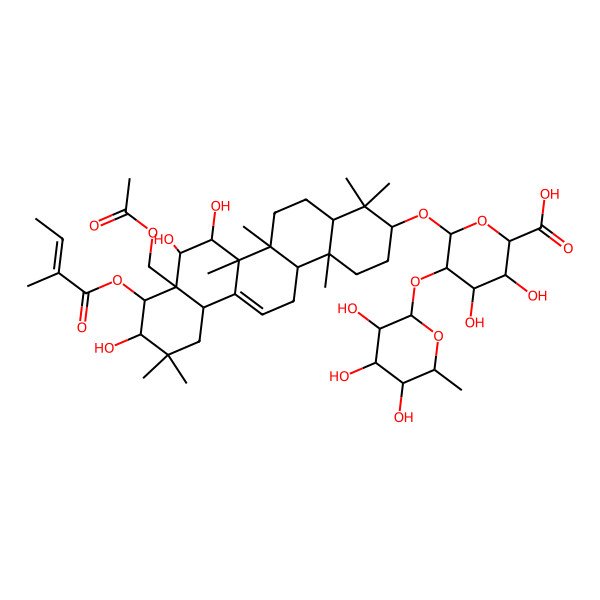 2D Structure of 6-[[8a-(Acetyloxymethyl)-7,8,10-trihydroxy-4,4,6a,6b,11,11,14b-heptamethyl-9-(2-methylbut-2-enoyloxy)-1,2,3,4a,5,6,7,8,9,10,12,12a,14,14a-tetradecahydropicen-3-yl]oxy]-3,4-dihydroxy-5-(3,4,5-trihydroxy-6-methyloxan-2-yl)oxyoxane-2-carboxylic acid