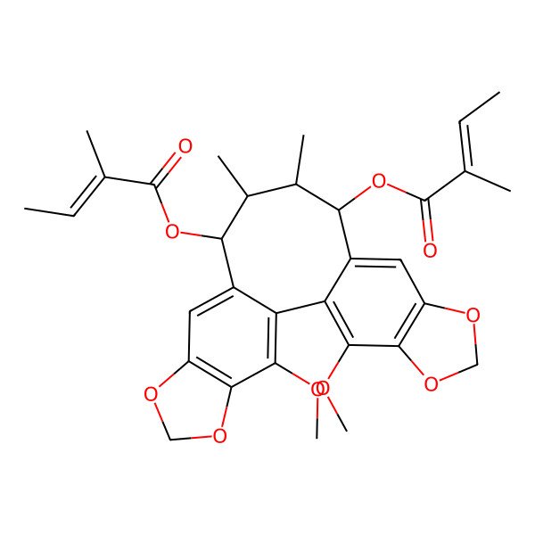 2D Structure of [3,22-Dimethoxy-12,13-dimethyl-14-(2-methylbut-2-enoyloxy)-5,7,18,20-tetraoxapentacyclo[13.7.0.02,10.04,8.017,21]docosa-1(22),2,4(8),9,15,17(21)-hexaen-11-yl] 2-methylbut-2-enoate