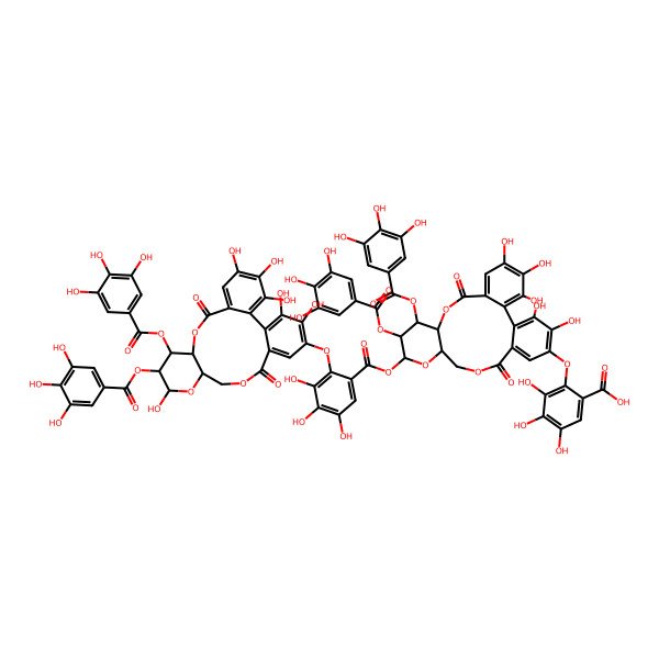 2D Structure of 2-[[(10R,11S,12R,13S,15R)-13-[2-[[(10R,11S,12R,13R,15R)-3,4,5,13,22,23-hexahydroxy-8,18-dioxo-11,12-bis[(3,4,5-trihydroxybenzoyl)oxy]-9,14,17-trioxatetracyclo[17.4.0.02,7.010,15]tricosa-1(23),2,4,6,19,21-hexaen-21-yl]oxy]-3,4,5-trihydroxybenzoyl]oxy-3,4,5,22,23-pentahydroxy-8,18-dioxo-11,12-bis[(3,4,5-trihydroxybenzoyl)oxy]-9,14,17-trioxatetracyclo[17.4.0.02,7.010,15]tricosa-1(23),2,4,6,19,21-hexaen-21-yl]oxy]-3,4,5-trihydroxybenzoic acid