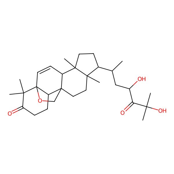 2D Structure of (1R,4S,5S,8R,9R,12S,13S)-8-[(2R,4R)-4,6-dihydroxy-6-methyl-5-oxoheptan-2-yl]-5,9,17,17-tetramethyl-18-oxapentacyclo[10.5.2.01,13.04,12.05,9]nonadec-2-en-16-one