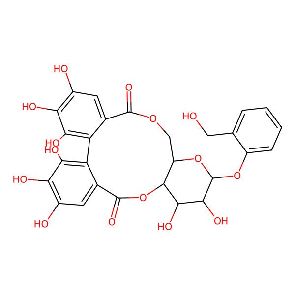2D Structure of 3,4,5,11,12,21,22,23-Octahydroxy-13-[2-(hydroxymethyl)phenoxy]-9,14,17-trioxatetracyclo[17.4.0.02,7.010,15]tricosa-1(23),2,4,6,19,21-hexaene-8,18-dione
