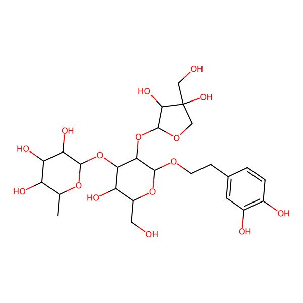 2D Structure of (2S,3R,4R,5R,6S)-2-[(2R,3R,4S,5R,6R)-3-[(2S,3R,4R)-3,4-dihydroxy-4-(hydroxymethyl)oxolan-2-yl]oxy-2-[2-(3,4-dihydroxyphenyl)ethoxy]-5-hydroxy-6-(hydroxymethyl)oxan-4-yl]oxy-6-methyloxane-3,4,5-triol