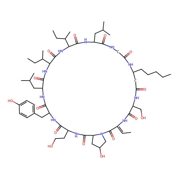 2D Structure of 19,22-Di(butan-2-yl)-3-ethylidene-36-hydroxy-31-(2-hydroxyethyl)-6-(hydroxymethyl)-28-[(4-hydroxyphenyl)methyl]-16,25-bis(2-methylpropyl)-10-pentyl-1,4,7,11,14,17,20,23,26,29,32-undecazabicyclo[32.3.0]heptatriacontane-2,5,8,12,15,18,21,24,27,30,33-undecone