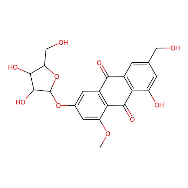 2D Structure of 6-[3,4-Dihydroxy-5-(hydroxymethyl)oxolan-2-yl]oxy-1-hydroxy-3-(hydroxymethyl)-8-methoxyanthracene-9,10-dione