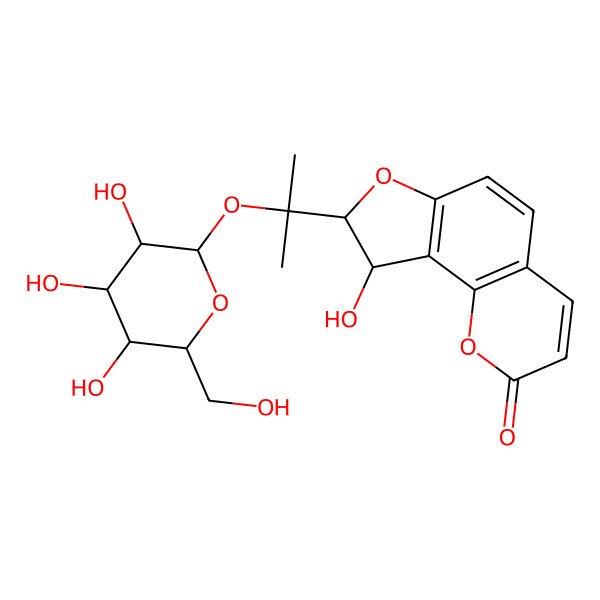 2D Structure of (8R,9R)-9-hydroxy-8-[2-[(2S,3R,4S,5S,6R)-3,4,5-trihydroxy-6-(hydroxymethyl)oxan-2-yl]oxypropan-2-yl]-8,9-dihydrofuro[2,3-h]chromen-2-one